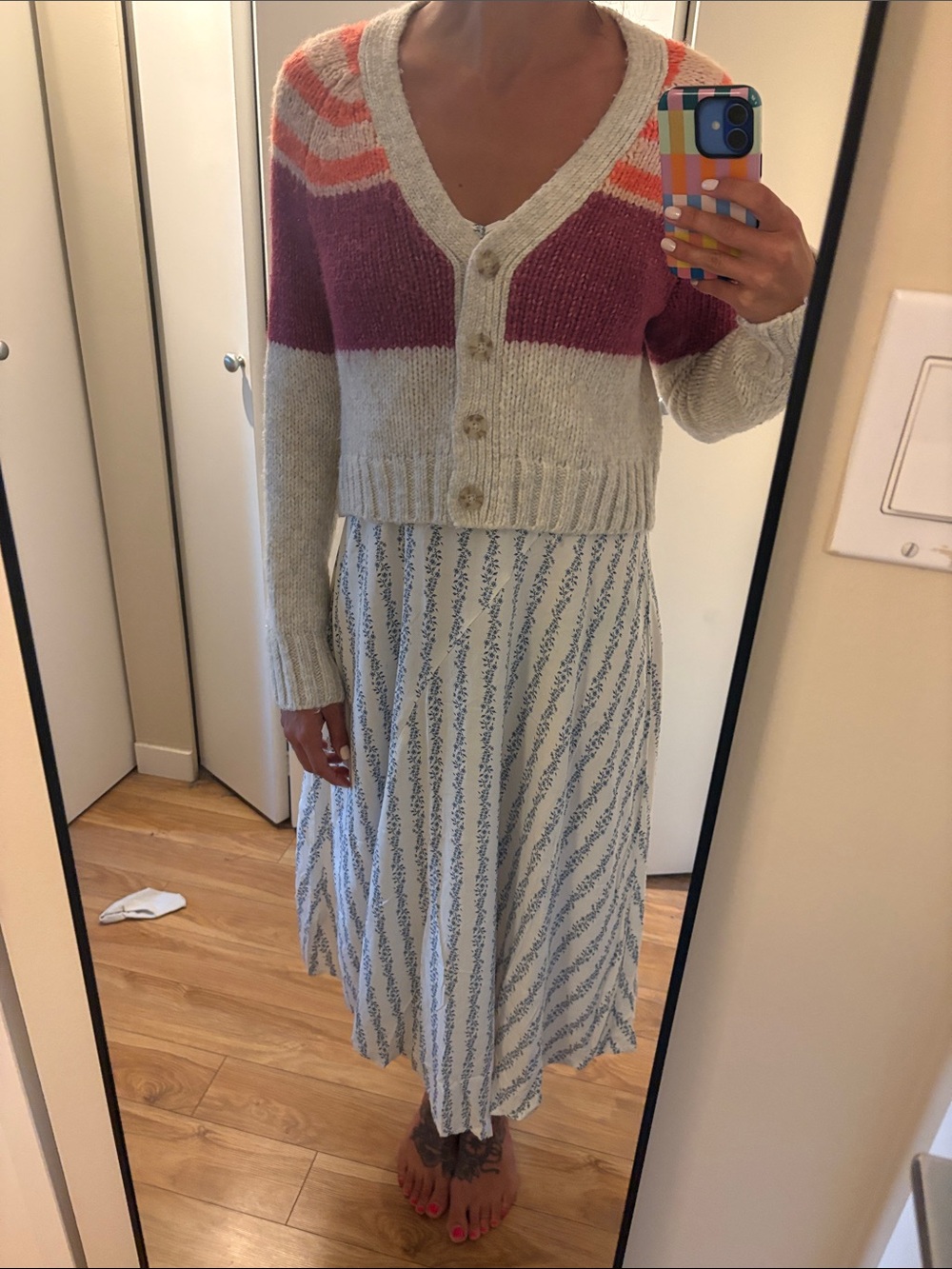 American Eagle Outfitters Beige Cardigan with Burgundy & Orange Stripes